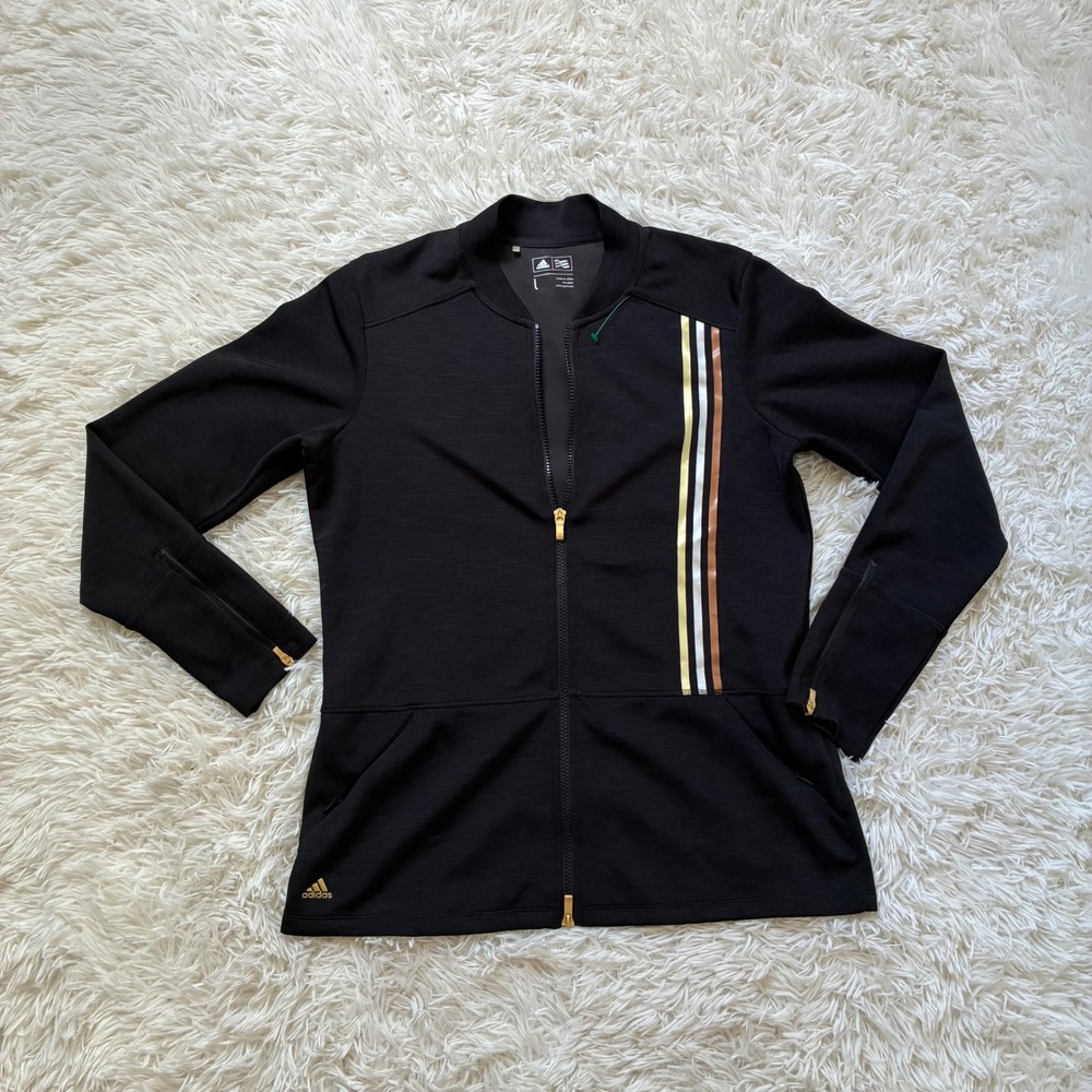 Adidas Golf Womens Black Full Zip Track Jacket Gold Stripe Bomber Size L